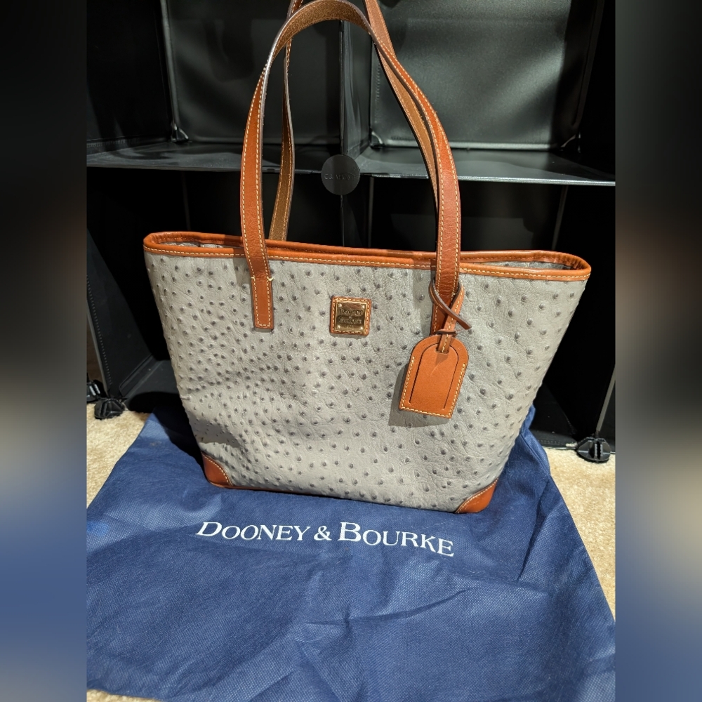 Dooney & Bourke Ostrich Leather Gray and Brown Tote - Picture 3 of 17
